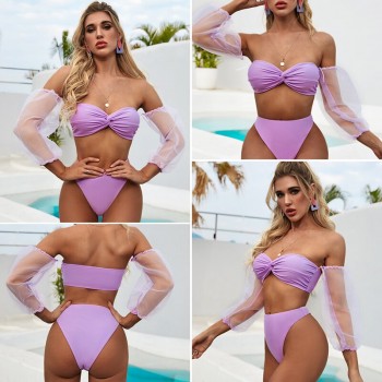 In-X High waist bikini set Long puff sleeve swimsuit female Mesh swimwear women Bandeau micro biquini bathing suit Summer Bather